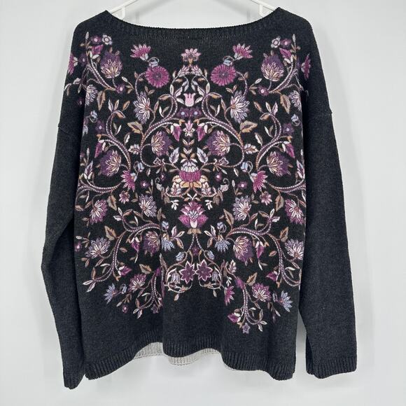 J Jill Sweater Womens Medium Petite Black Floral Jacquard Pullover Boho Knit - Picture 9 of 10